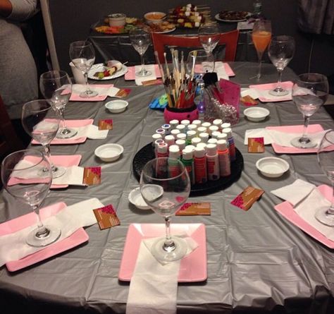 Juice And Paint Party, Wine And Paint Party Ideas Girls Night, Sip And Paint Ladies Night Ideas, Paint Party Set Up Ideas, Wine And Canvas Party, Zip And Paint Party Ideas, Bridal Paint Party, Painting Party For Adults, Pink Sip And Paint Party