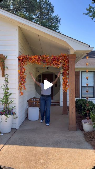 DeLancey Carson | Real, Relatable DIY on Instagram: "Have you seen this shower curtain rod hack? I just wound a few leaf garlands around it letting them hang down on each end. Then I added some of Govee’s smart LED string lights I could control with my phone. The final finishing touch for my exterior’s cozy feel was Govee’s Permanent Outdoor Lights 2. These are so easy to install and I love that you can choose if you want white or colored lights. You can also set up routines so the eave lights turn on and off at the same time each day without you even thinking about it! Want some for your house? Comment the word COZY and I’ll send you the link to the ones I have!   @goveeofficial #goveepartner #goveeoutdoorlights #curbappeal" Shower Curtain Rod Fall Garland, Fall Garland On Curtain Rod, Shower Curtain Garland Christmas, Garland Curtain Rod Hack, Shower Curtain Rod Garland, Shower Curtain Garland, Garland On Curtain Rod, Shower Rod Garland, Curtain Rod Garland