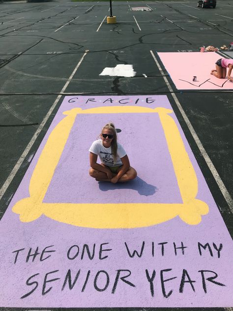 Friends painted parking spot! Friends Themed Parking Spot, Senior Parking Spaces Friends, Friends Senior Parking Spot, Cute Senior Parking Spot Ideas Funny, Friends Parking Spot Painting, Cute Parking Spot Paintings, Funny Parking Spot Painting Ideas, School Parking Lot Painting, Senior Parking Spaces Funny