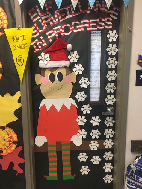 Elf on the Shelf Classroom Door Elf On The Shelf Door, Holiday Classroom Doors, Elf Classroom, Classroom Door Decorating, Christmas Cubicle Decorations, Christmas Lights Inside, Door Decorations Classroom Christmas, Christmas Doors, Shelf Door