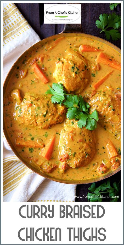 Curry Braised Chicken Thighs is a delicious Indian-inspired dinner for two.  Spicy, flavorful and budget-friendly, it's sure to spice up the night with your loved one! #chicken #chickenthighs #curry #chickencurry Curry Chicken Thighs, Braised Chicken Thighs, Braised Chicken, Curry Dishes, Curry Chicken Recipes, Dinner For Two, Indian Inspired, Chefs Kitchen, Chicken Thigh Recipes