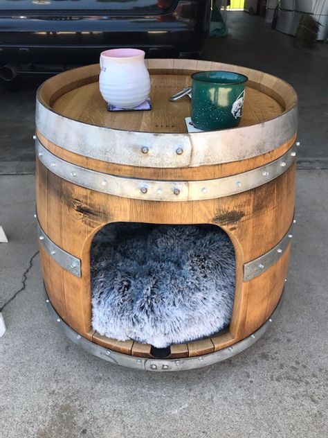 Wine Barrel Cat House, Barrel Dog House, End Table Dog Bed, Barrel Dog Bed, Wine Barrel Dog Bed, Diy Cedar Planter Box, Luxury Dog House, Dog Beds Homemade, Dog Bed Frame