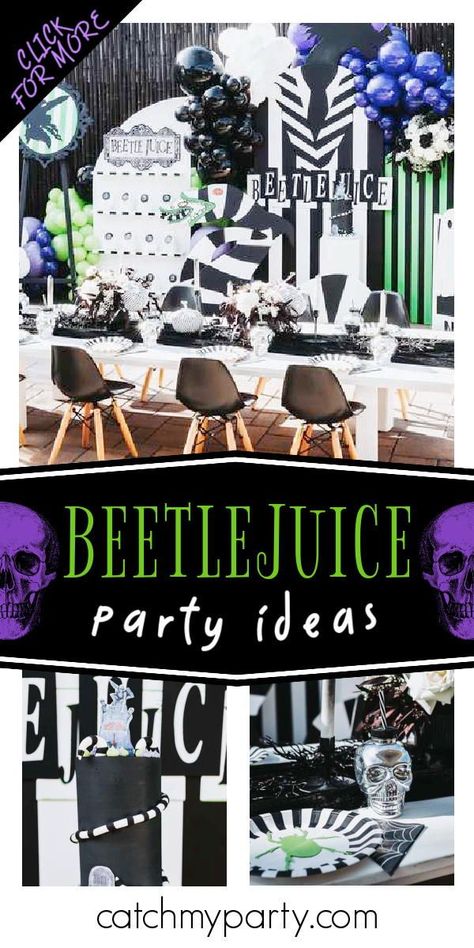 Beetle Juice Themed Halloween Party, Beetle Juice Dinner Party, Beetlejuice Party Favors, Beetlejuice Centerpiece, Beetlejuice Party Games, Beetlejuice Birthday Party Decorations, Beetle Juice Party Decorations, Beetlejuice Themed Party, Beetlejuice Birthday Party Ideas