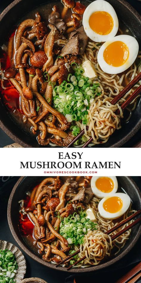 A fast and easy mushroom ramen that has a rich tasting broth and scrumptious toppings. It is a perfect one-pot meal that is hearty, satisfying, and nutritious! {Vegetarian} Mushroom Ramen Noodle Recipes, Mushroom Broth Recipe, Fast Ramen Recipes, Asian Mushroom Soup, One Pot Ramen, Mushroom Ramen Soup, Vegetarian Potluck Recipes, Rainbow Meals, Asian Mushrooms