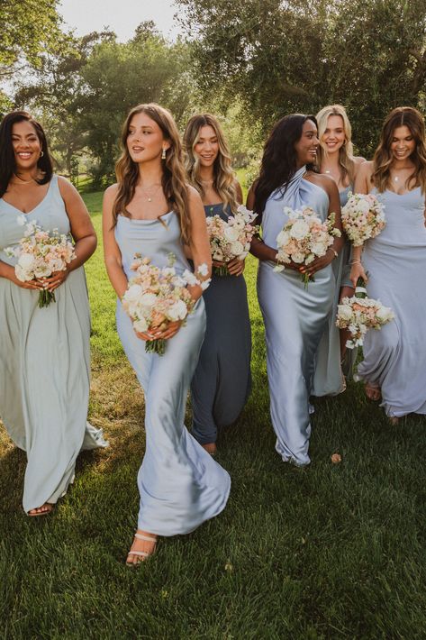 Bride With Blue Bridesmaids, Satin Blue Bridesmaid Dresses, Shades Of Blue Bridesmaid Dresses, Bridal Shoot Ideas, Bachelorette Dresses, Slip Bridesmaids Dresses, Bridesmaid Dresses Color Palette, Bridesmaid Dress Color Schemes, Bridesmaid Color Palette