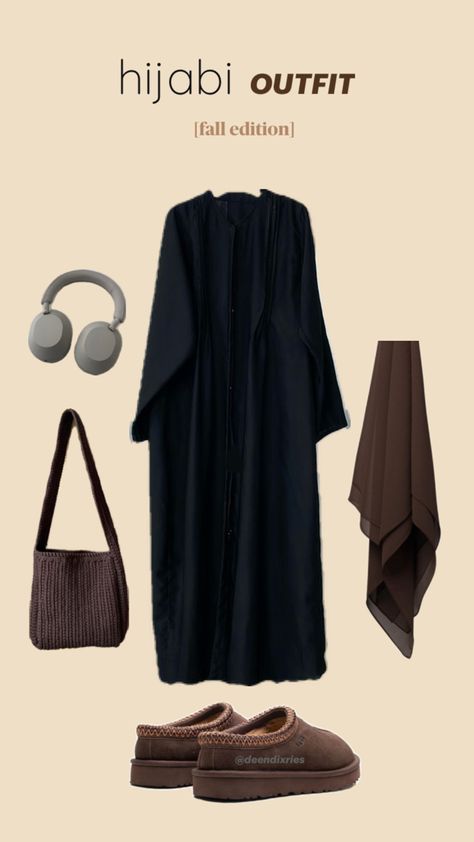 modest black abaya dress brown hijab brown tote bag Ugg shoes Sonny headphones hijab fashion inspiration Fashion Brown Aesthetic, Aesthetic Hijab Outfit Ideas, Abaya Hijab Outfit, Brown Hijab, Modest Abaya, Islamic Modest Fashion, Floral Dress Outfits, Abaya Hijab, Mode Hijabi