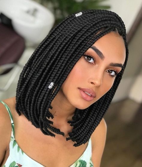 Edgy Lob Box Braids Braided Bobs For Black Women, Bob Box Braids Styles Shoulder Length, Edgy Lob, Shoulder Length Box Braids, Short Box Braids Bob, Short Braided Hairstyles, Bob Box Braids Styles, Purple Box Braids, Burgundy Box Braids