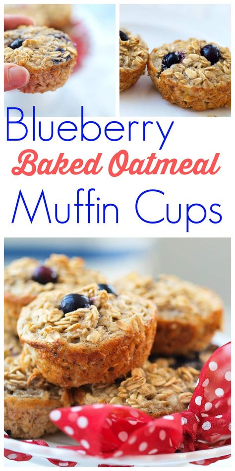 These Blueberry Baked Oatmeal Cups are super quick to prepare and make a great healthy breakfast option! They are like oatmeal in portable muffin form! NO flour, NO oil, NO refined sugar! Easy Healthy Muffins, Baked Oatmeal Muffins, Resep Muffin, Blueberry Baked Oatmeal, Blueberry Oatmeal Bake, Blueberry Oatmeal Muffins, Healthy Muffin, Baked Oatmeal Cups, Easy Oatmeal