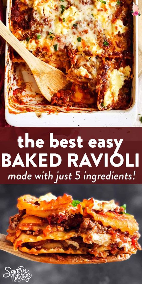 These Easy Baked Ravioli are a quick fix dinner to make on a busy night - you just need 5 ingredients, including frozen or refrigerated ravioli, to whip it up. Such a wonderful casserole to make with pantry and freezer staples! | #casserole #casserolerecipes #pastarecipes #5ingredientdinner #groundbeef #groundbeefrecipes #easydinner #easyrecipes Frozen Ravioli Bake, Easy Baked Ravioli, Freezer Staples, Baked Ravioli Casserole, Baked Ravioli Recipe, Ravioli Casserole, Baked Ravioli, Ravioli Pasta, Ravioli Bake