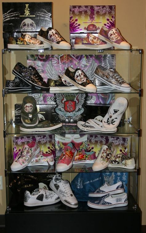 Ed Hardy Shoe  Collection Emo Princess Outfit, Ed Hardy Aesthetic, Emo Princess, Doll Tattoo, Shoe Wishlist, Princess Outfits, Aesthetic Shoes, Swag Shoes, Ed Hardy