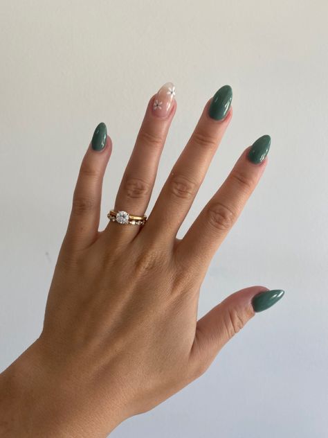 Almond Nails With One Accent Nail, Sage Green Almond French Tips, Dark Green Round Acrylic Nails, Green Nail Simple Design, Short Almond Dark Green Nails, Green Mid Length Nails, Short Acrylic Nails Forest Green, Jade Green Nails Acrylic Short Almond, Subtle At Patrick’s Nails