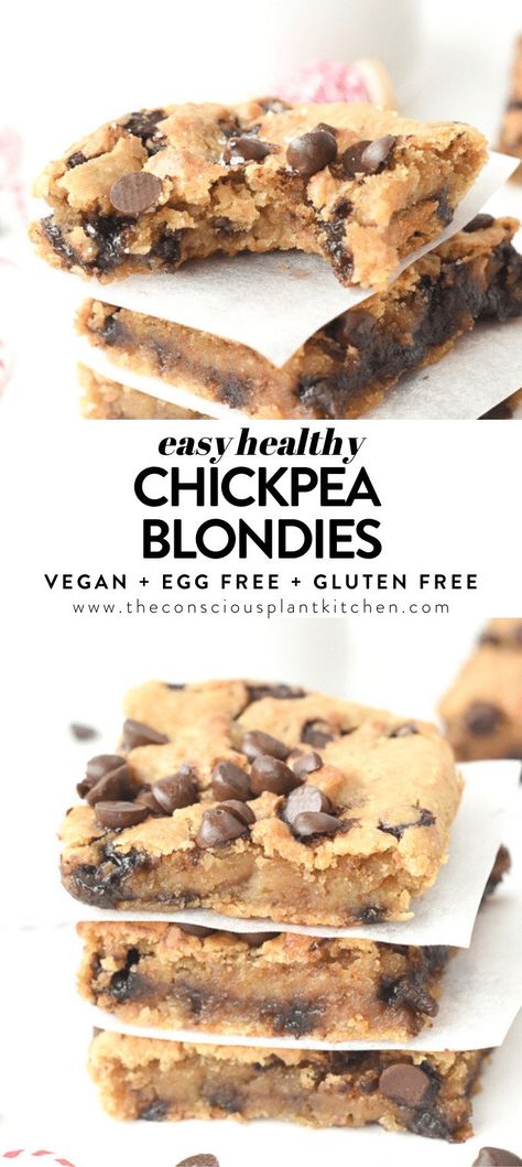 FLOURLESS CHICKPEA BLONDIES Healthy + Vegan with nut free option! #vegan #healthy #chickpeablondies #peanutbutter #easy #eggless #flourless #blondies #veganbaking #vegandessert #healthyvegandesserts #chocolatechips #nutfree #chickpea #veganbrownies Blondies Healthy, Conscious Plant Kitchen, Chickpea Blondies, Vegan Blondies, Blondie Bars, Protein Dessert, Plant Kitchen, Healthy Vegan Desserts, Blondies Recipe