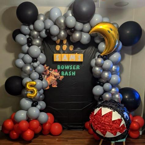 Bowser Fury Birthday Party, Bowser Balloon Arch, Super Smash Birthday Party, Bowser Theme Birthday, Bowser Theme Party, Bowser Birthday Party Ideas, Bowser Pinata, Bowser Party Ideas, Bowser Birthday Cake