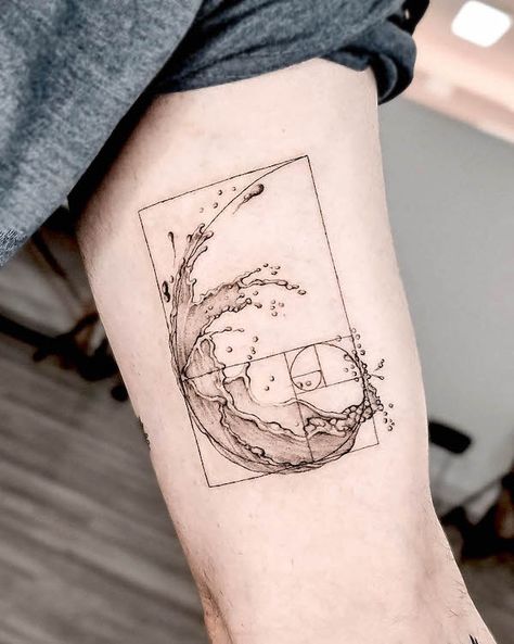 Golden Ratio Wave Tattoo, Fibonacci Flower Tattoo, Unique Water Tattoos, Wave Tattoo With Quote, Water Line Art Tattoo, 4 Elements Tattoo Design, Creativity Symbol Tattoo, Geometric Ocean Tattoo Design, Sea Glass Tattoo Ideas