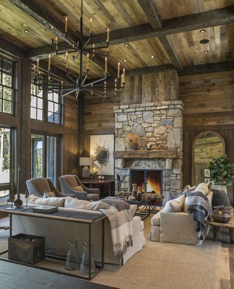 Mountain Lodge Home Interiors, Rustic Walkout Basement, Master Bedrooms With Green Accents, Mountain House Great Room, Montana Lodge Decor, Woodsy Chic Decor, Lodge House Decor, Stamped Concrete Fireplace, Aspen Mountain House