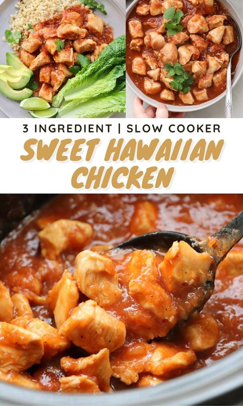 Three ingredients and a crock pot is all you need to make this healthy dinner. Sweet Hawaiian Chicken is sweetened with pineapple and perfectly balanced with a smokey bbq kick! Simply add your ingredients and let it simmer away! Whole 30 Dump Meals, Chicken Crockpot Dump Recipes, Hawian Chicken Crockpot Recipes, Hawian Food, Sweet Hawaiian Chicken, January Meals, Hawaiian Crockpot Chicken, Hawaiian Dinner, Hawaiian Chicken Crockpot