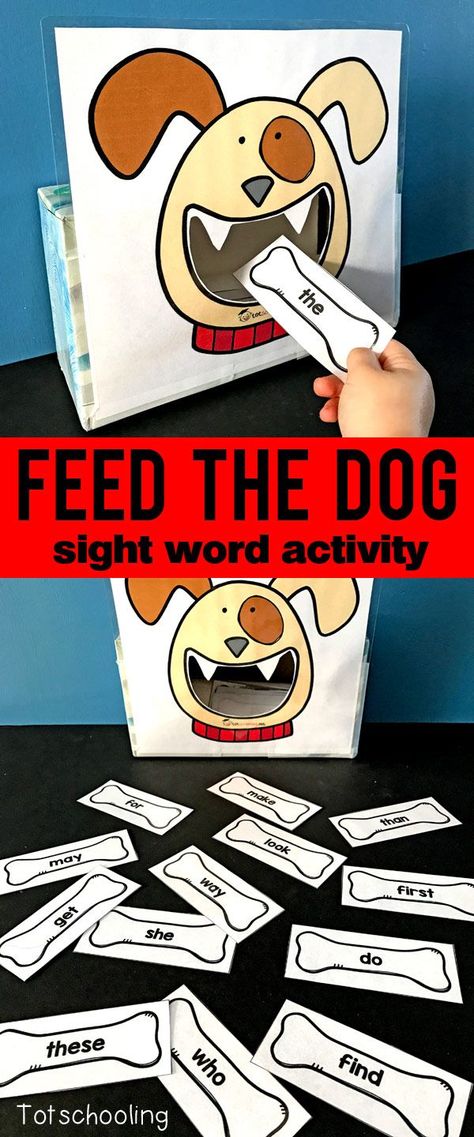 FREE sight word recognition activity for kids to read sight words while feeding bones to the dog. Fun and motivational literacy game for pre-k, kindergarten and first grade kids. Sight Word Activity, Word Games For Kids, Teaching Sight Words, Dog Fun, Literacy Games, Kindergarten Games, Sight Words Kindergarten, Sight Word Activities, Word Recognition