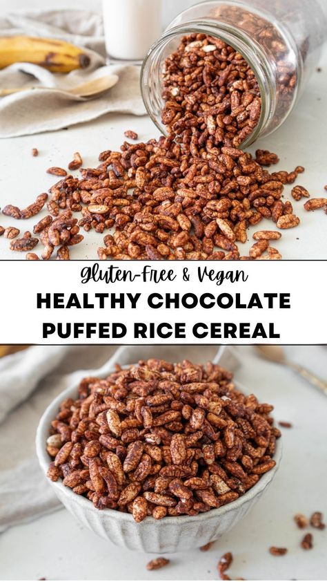 Homemade Vegan Recipes, Diy Rice Crispy Cereal, Rice Puff Cereal Recipes, Homemade Rice Crispy Cereal, Vegan 5 Ingredient Recipes, Homemade Rice Krispies Cereal, Homemade Chocolate Cereal, Homemade Vegan Cereal, Puffed Rice Cereal Recipes