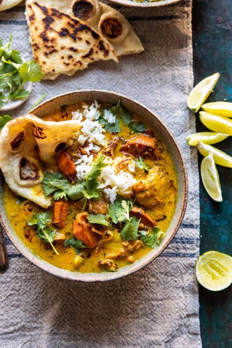 30 Minute Coconut Milk Braised Chicken with Sweet Potatoes and Rice | halfbakedharvest.com #instantpot #easyrecipes #healthy Milk Braised Chicken, Potatoes And Rice, Warming Foods, Healthy Chicken Curry, Chicken With Sweet Potatoes, Half Baked Harvest Recipes, Cibo Asiatico, Cold Weather Food, Sweet Potato Spinach