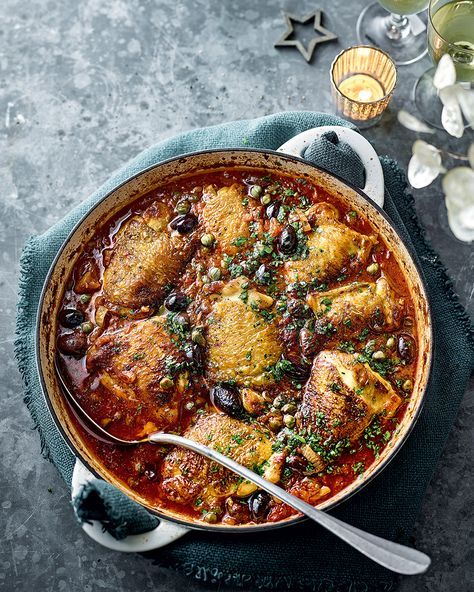 Slow-cooked chicken puttanesca - delicious. magazine Easy Student Meals, Chicken Puttanesca, Delicious Magazine Recipes, Delicious Magazine, Slow Cooked Chicken, Student Recipes, Fall Cooking, Chicken Spices, Batch Cooking