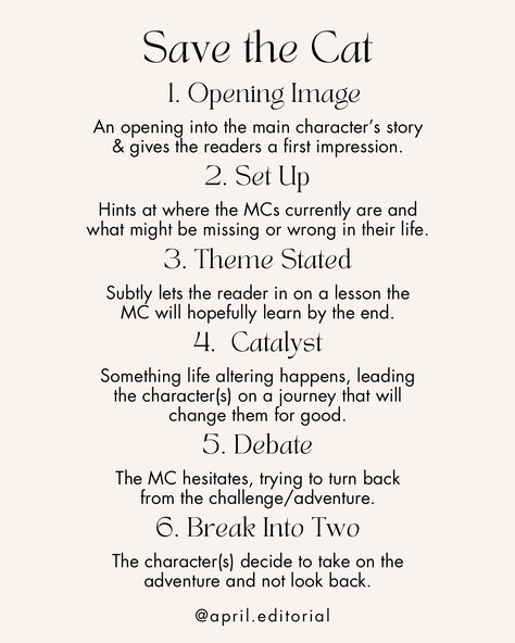 ✨Story Structure✨ This post focuses on the “Save the Cat Story Structure” by Blake Snyder. Commonly used for screenplays, but works just as well for novels. There are a couple resources on the last slide of this post to learn more, or you can read his books and check out tons of examples and resources on his website savethecat.com ✍🏻 Happy Writing! • • • • • #SaveTheCat #StoryStructure #WritingTips #IndieAuthor #WritersOfInstagram #AmWriting #AuthorLife #WritersCommunity #IndieWriters #SelfPu... Novel Website, Save The Cat, Cat Story, Book Editing, Becoming A Writer, Copy Editing, Story Structure, Cat Stories, Indie Author