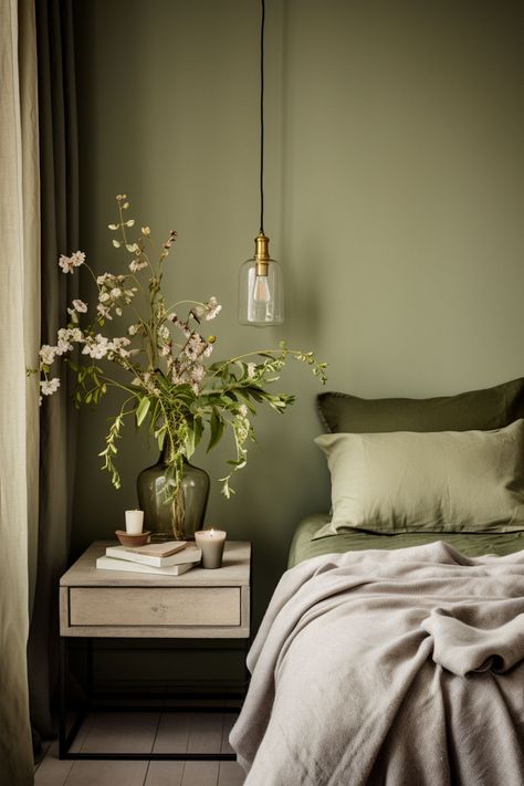 Green Walls Inspiration, Master Room Paint Ideas, Monochrome Green Room, Sage Grey Bedroom, Moss Green Bedroom Ideas, Light Green Grey Paint, Soft Green Room, Green Wall Paints, Green And Grey Walls