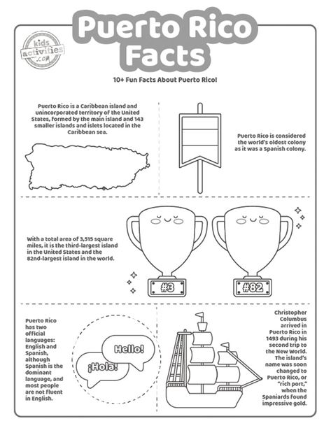 Fun Puerto Rico Facts Coloring Pages| Fun Puerto Rico Facts Coloring Pages For Kids| Fun Puerto Rico Facts Coloring Sheets| Fun Facts About Puerto Rico| Puerto Rico Fun Facts Facts About Puerto Rico, 4th Of July Trivia, Free Educational Websites, Dolphin Facts, Fun Facts For Kids, Science Activities For Kids, Facts For Kids, Science Fair Projects, Indoor Activities For Kids