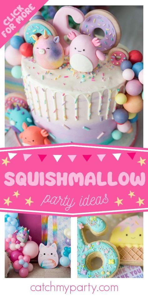 Birthday Themes For 7th Birthday Girl, Squishamellow Birthday Party, Squishville Birthday Party, Squishmallow Balloon Arch, Birthday Party Ideas 9 Girl, Squishmallow Birthday Party Diy, 6 Girl Birthday Party Ideas, 6th Birthday Girl Themes Ideas, Squishmallow Birthday Party Ideas Diy