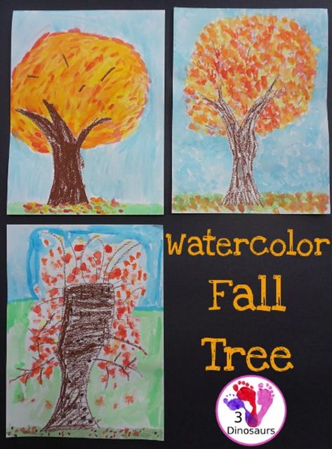 Watercolor Fall Tree - a fun and easy oil pastel and watercolor painting that kids of different ages can do - 3Dinosaurs.com #fall #paintingforkids Oil Pastel And Watercolor, November Art, September Art, 3 Dinosaurs, Art Lessons Middle School, Fall Kindergarten, Directed Drawing, Fall Tree, Autumn Activities For Kids