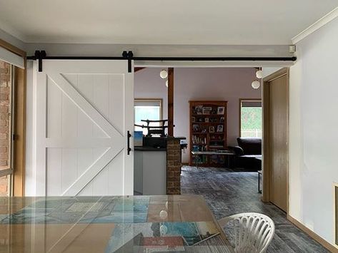 Sliding Barn Door For Bedroom Room Dividers, Sliding Door Seperation, Barn Door Divider Wall, Barn Door Room Divider, Barn Door Basement, Remodel Garage, Wall Dividers, Room Divider Ideas, Barn Door Installation