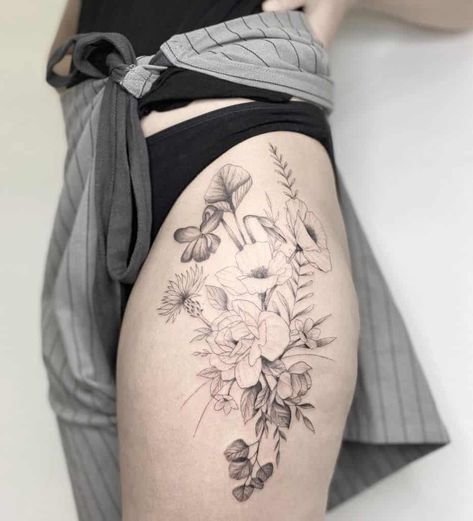 Hip Wildflower Tattoo, Wild Flower Tattoo Thigh, Flower And Plant Tattoos, Botanical Tattoo Thigh, Plant Tattoo Thigh, Wildflower Thigh Tattoo, Plant Thigh Tattoo, Botanical Thigh Tattoo, Wildflower Tattoo Thigh