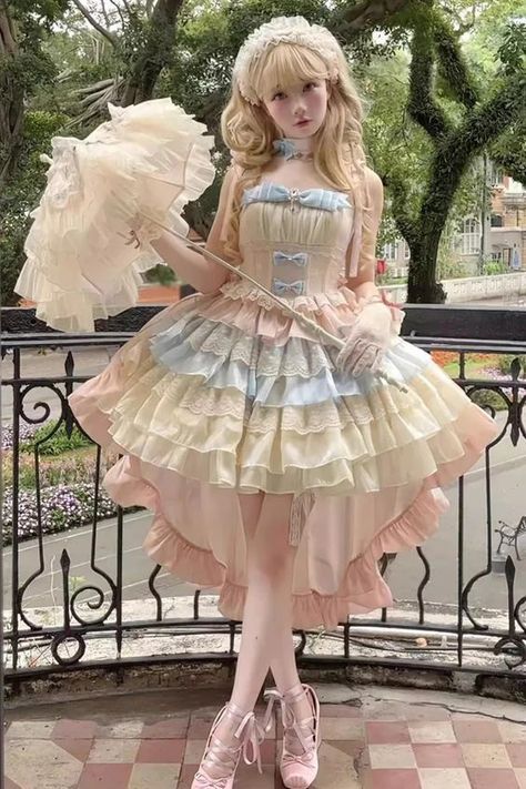 Process Time: Could be shipped out in 30 days. Fabric: Polyester Color: Blue/Pink/Apricot Feature: Multi-layer, Ruffle, Bowknot Style: Sweet, Princess Clothing Type: Dress Include: Dress*1 (Any of the accessory is not included.) Size (IN) Bust Waist Length S 31.50-35.43 25.20-28.35 31.50 M 33.07-37.01 26.77-29.92 32.09 Different Kinds Of Dresses Style, Pink Layered Outfit, Cute Frilly Dresses, Pastelcore Outfits, Pink And Blue Outfit, Princess Poses, Fluffy Dresses, Layered Dresses, Princess Clothing