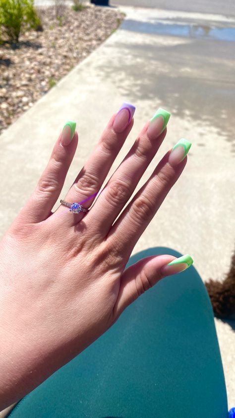 Purple And Green French Tip Nails, Lavender And Green Nails, Purple And Green Nails, Neon French Tips, Colored French Nails, Nails Lavender, Nails French Tips, Purple French, Real Nails