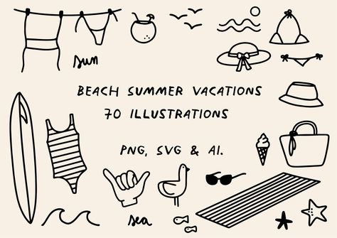 Beach Summer Vacations Illustrations by gina´s illustrations on @creativemarket Beach Doodles Easy, Pajama Illustration, Cruise Illustration, 70s Beach, Short Stays, Wave Illustration, Beach Illustration, Summer Vacations, Drawing Inspo