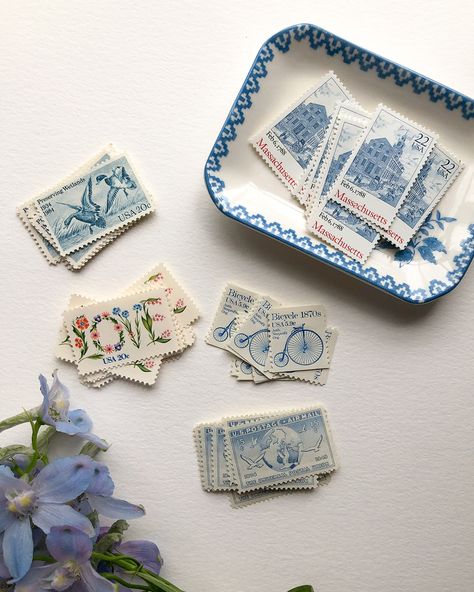 Blue And White Branding, Vintage Stamps Wedding Invitation, Vintage Wedding Invites, Stamp Wedding Invitations, Stamp Invitation, Wedding Postage Stamps, Wedding Stamps, Postage Stamp Design, Wedding Postage