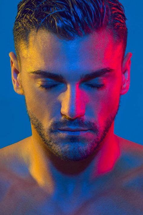 Portrait Reference Male, Colour Gel Photography, Colorful Portrait Photography, Reference Male, Outdoor Portrait Photography, Neon Photography, Portrait Reference, Color Lighting, Portrait Lighting