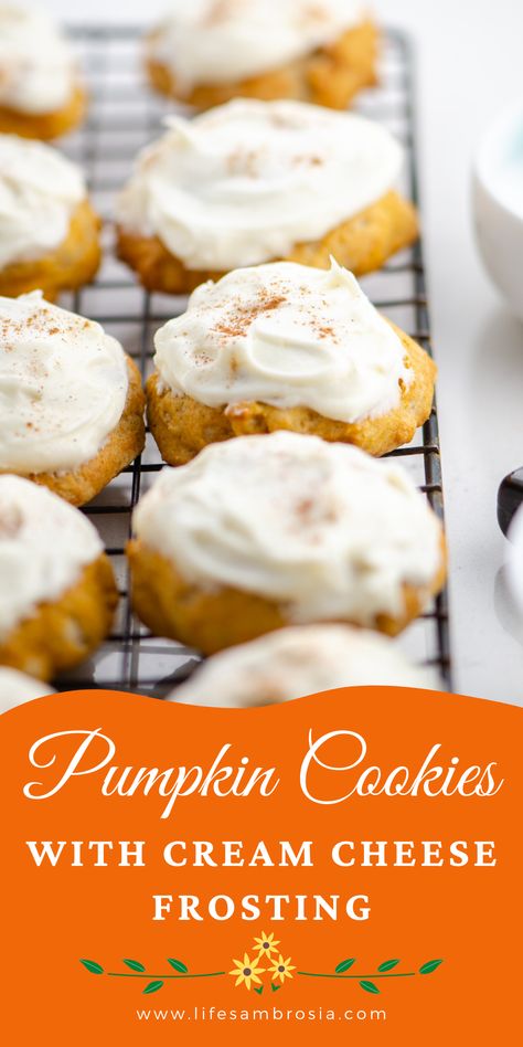 Pumpkin Cookies with Cream Cheese Frosting are easy, super moist and a must add to your fall baking list. They will be a hit with everyone! Pumpkin Cookies With Cream Cheese, Cookies With Cream Cheese Frosting, Cookies With Cream Cheese, Soft Pumpkin Cookies, Cream Cheese Frosting Recipe, Cream Cheese Cookies, With Cream Cheese Frosting, Easy Casserole Recipes, Pumpkin Cookies