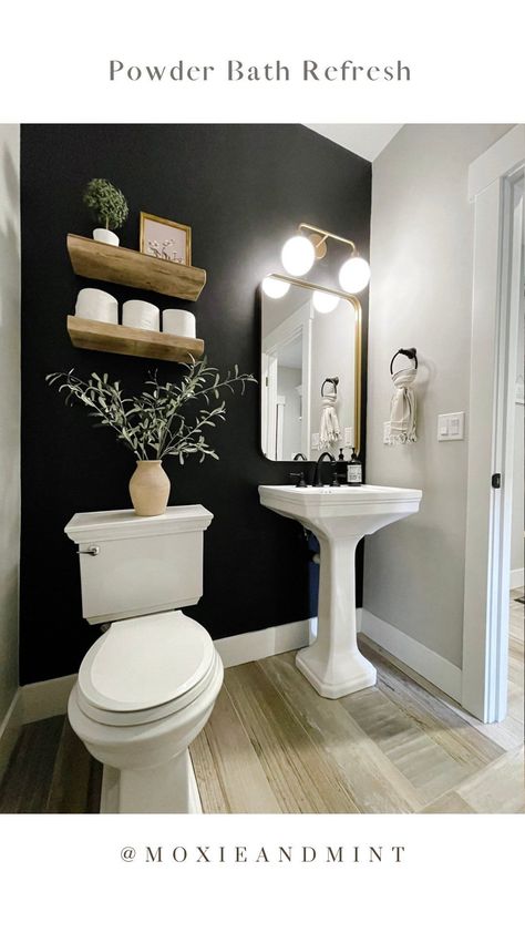 Basement Powder Room Small, Simple Modern Half Bathroom, Guest Restroom Ideas Modern, Half Bath Makeover Modern, Guest 1/2 Bathroom Ideas, Small Bath Color Ideas, Boho Half Bathroom Decor, Powder Room Makeover Small Modern, Half Bath Organization Small Spaces