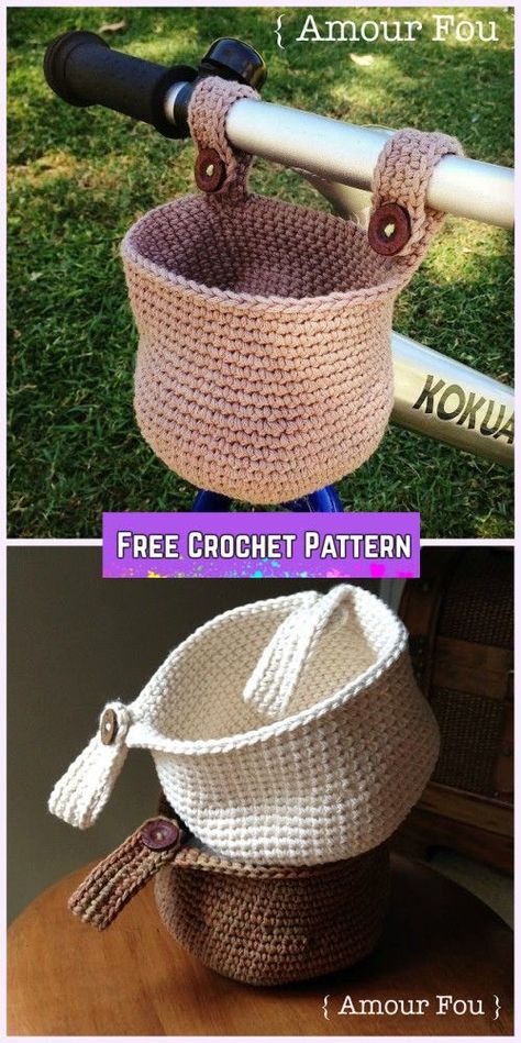 Crochet Bike Hanging Basket Free Pattern for the bike bunch.#affiliatelink Crocheted Baskets, Crochet Capelet, Crochet Shell Stitch, Crochet Storage, Crochet Kids, Crochet Basket Pattern, Hanging Basket, Crochet Basket, Kids Bike