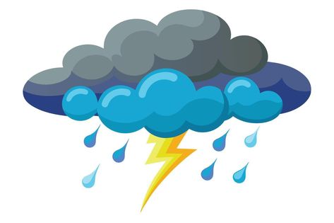 A simple cartoon illustration of a dark cloud with rain and lightning. The cloud is grey and blue with a yellow lightning bolt coming from it. Lightning Cartoon, Cloud With Rain, Rain And Lightning, Yellow Lightning, Dark Clouds, Simple Cartoon, The Cloud, Lightning Bolt, Cartoon Illustration