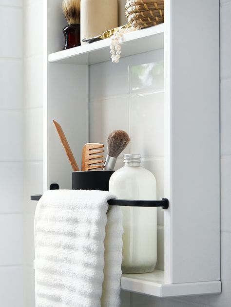 Hemnes Wall Shelf, Hemnes Bathroom, Glass Door Wall, Ikea Glass, Bathroom Wall Shelf, Ikea Vanity, Storage Ikea, Bathroom Wall Storage, Bathroom Planner