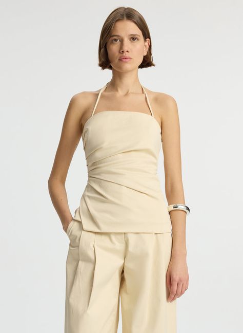 A.L.C. Charlotte Sateen Halter Top | ALCltd.com Pleated Top Outfit, Beige Top Outfit, Evening Jumpsuit, Beige Outfit, Womens Halter Tops, Suiting Fabric, Jenner Outfits, Top Halter, Beige Top