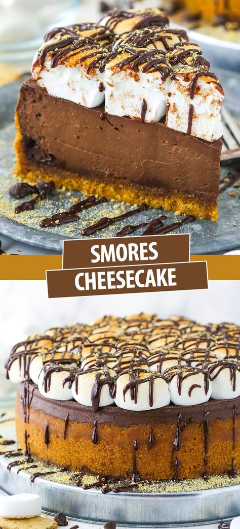 Enjoy an ooey, gooey campfire smore in decadent cheesecake form with this easy recipe! A classic graham cracker crust surrounds a rich chocolate filling topped with toasted marshmallows and chocolate ganache. You simply have to try this Smores Cheesecake! Fall Themed Cheesecake, Smores Cheesecake, Smore Cheesecake No Bake, S’more Cheesecake Recipe, S’mores Cheesecake, S’mores Cheesecake Bars, Smoked S’mores Cheesecake, S’mores In Graham Cracker Crust, Ultimate Cheesecake