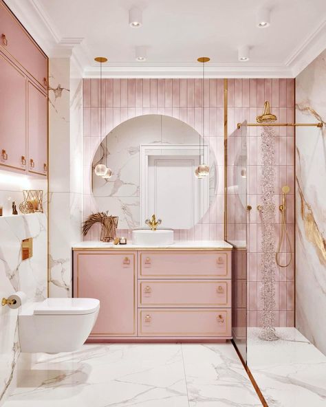 Rose Tile Bathroom, Barbiecore Decor, Washroom Design Ideas, Modern Washroom, Modern Washroom Design, Pink Tile Bathroom, Pink Bathroom Tiles, Bespoke Bathroom, Tiles Designs