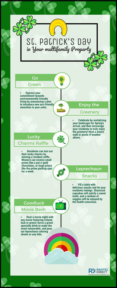 St. Patrick's Day Resident Event March Resident Events Ideas Apartments, March Resident Event Ideas, Resident Retention Ideas Apartments, Community Event Ideas, Hoa Ideas, Event Infographic, Resident Event Ideas, Resident Events Ideas Apartments, Resident Activities