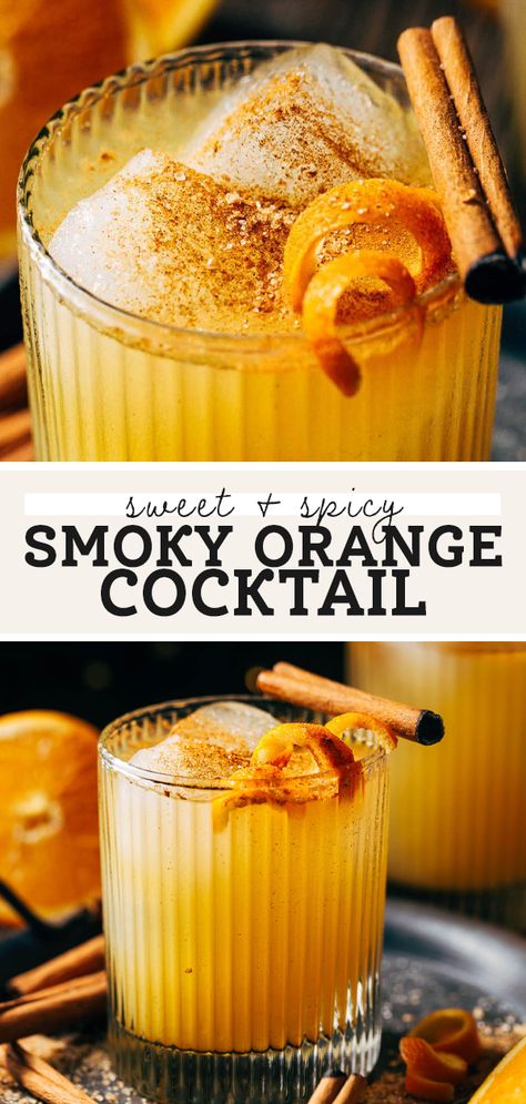 Sweet and tangy fresh orange juice, smoked cinnamon and mezcal, and warm spiced honey syrup make up one delicious cocktail. This smoky spiced orange cocktail is an incredibly flavorful drink that’s like making a swanky restaurant-quality drink to make for your next at-home cocktail hour. Smoked Cinnamon Cocktail, Smoked Drinks, Cinnamon Cocktail, Orange Juice Cocktails, Honey Cocktail, Spiced Cocktail, Butternut Bakery, Smoked Cocktails, Spiced Honey