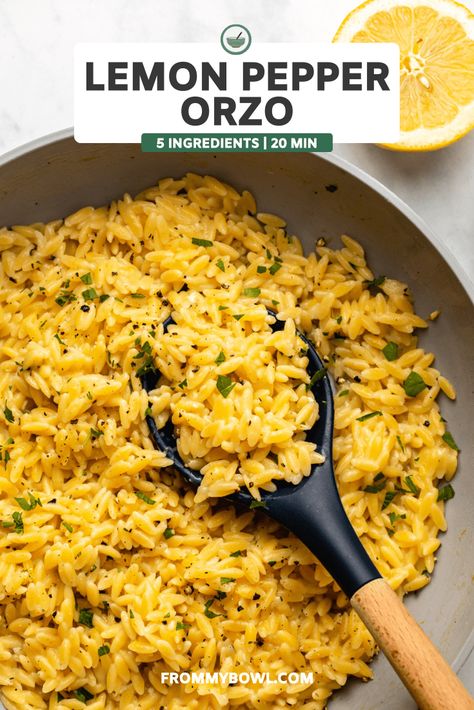 This Lemon Pepper Orzo is a creamy, tangy, one-pot side that's delicious with practically everything! Vegan, Nut-Free, Gluten-Free Option. Dairy Free Orzo Recipes, Lemon Pepper Orzo, Orzo Recipes Side, Orzo Dinner Recipes, Gluten Free Orzo, Orzo Recipes, Plant Based Diet Recipes, Vegetarian Sides, Veggie Meals