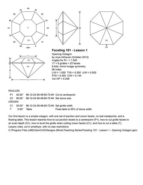 Akhavan - Faceting 101, Lesson 1 - Opening Octagon - The Gemology Project Faceting Diagram, Faceting Designs, Gem Cuts, Gem Drawing, Vision Art, Faceted Design, Gem Mining, Lesson 1, Doodle Art Designs