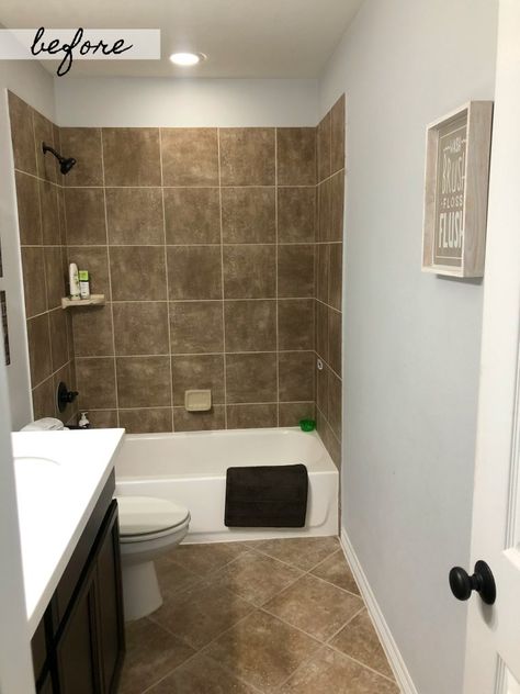 Houston lifestyle blogger Uptown with Elly Brown shares her before and after pictures of their kids bathroom Bathroom Ideas With Brown Tile Floor, Bathroom Colors With Beige Tile, Bathroom Remodel With Brown Tile, Brown White Black Bathroom, Brown White And Black Bathroom, Brown Tiled Bathrooms Ideas, Bathroom Tiles Brown, Bathroom Ideas With Brown Cabinets, Modern Brown Bathroom Ideas