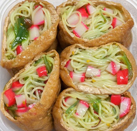 Somen Salad Stuffed Aburage, Cone Sushi Recipe, Stuffed Aburage Recipe, Cone Sushi, Sushi Tofu, Somen Salad, Ono Kine Recipes, Somen Noodles, Sushi Salad